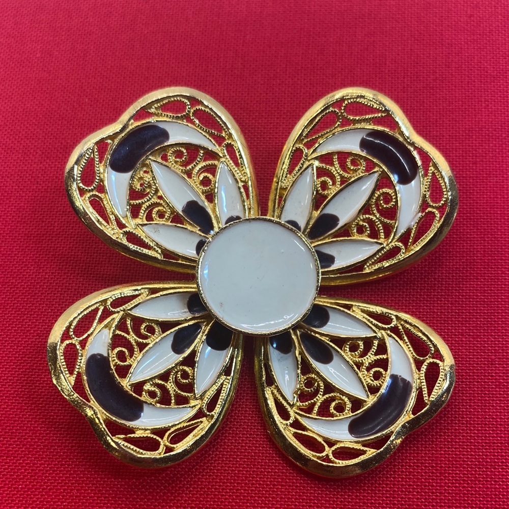 Vintage Gold and Black Enamel Filigree Brooch